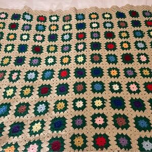 Handmade Granny Square Crochet Blanket Afghan 3D Flowers Vintage Throw 46x72